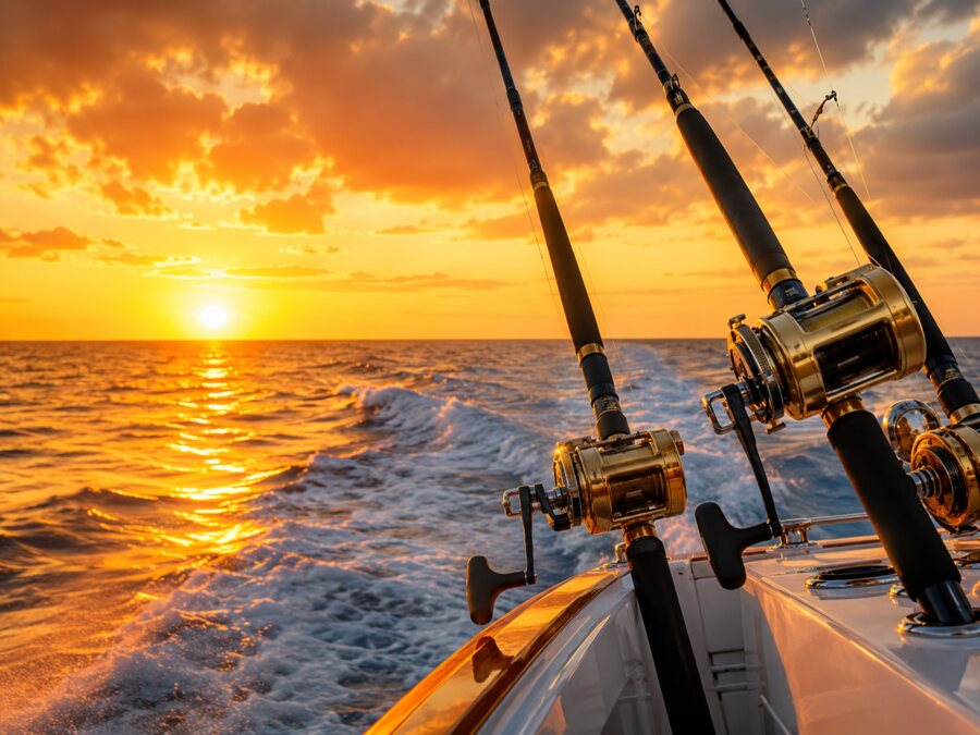 Offshore fishing rods at sunset
