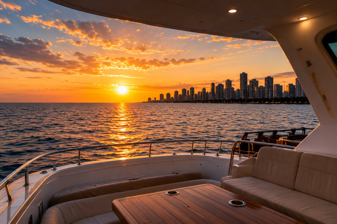 Sunset view from the deck of a luxury yacht